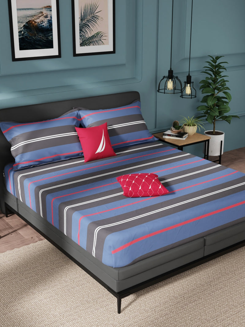 Super Soft 100% Cotton King Bedsheet And 2 Pillow Covers <small> (stripe-blue/black)</small>