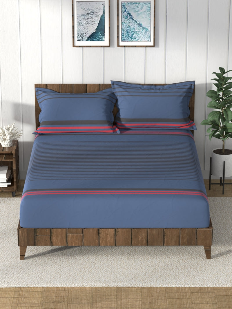 Super Soft 100% Cotton King Bedsheet And 2 Pillow Covers <small> (stripe-blue/black)</small>