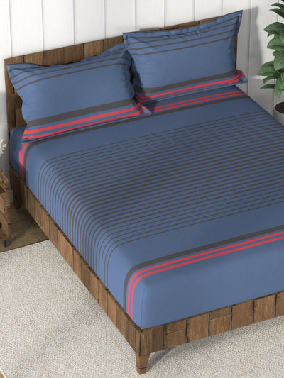 Super Soft 100% Cotton King Bedsheet And 2 Pillow Covers <small> (stripe-blue/black)</small>