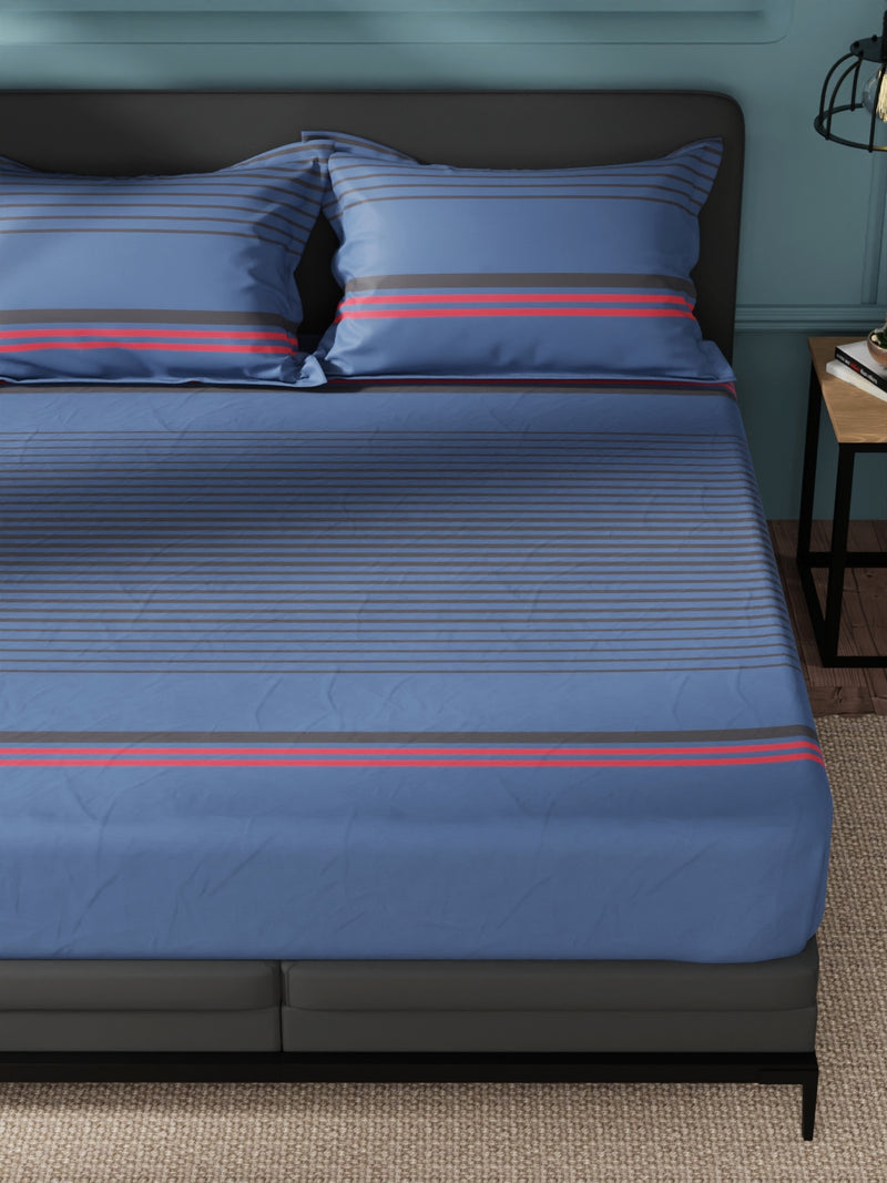 Super Soft 100% Cotton King Bedsheet And 2 Pillow Covers <small> (stripe-blue/black)</small>