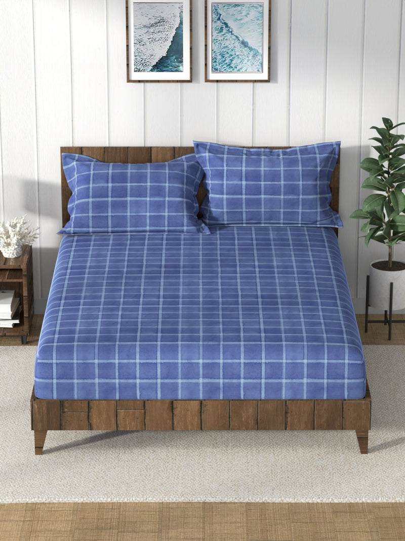 Super Soft 100% Cotton King Bedsheet And 2 Pillow Covers <small> (checks-blue)</small>