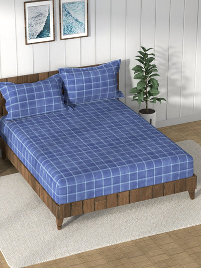 Super Soft 100% Cotton King Bedsheet And 2 Pillow Covers <small> (checks-blue)</small>