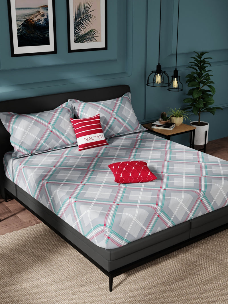 Super Soft 100% Cotton King Bedsheet And 2 Pillow Covers <small> (checks-coolgrey)</small>