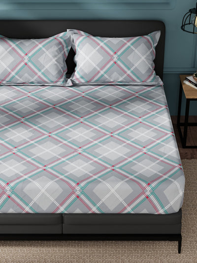 Super Soft 100% Cotton King Bedsheet And 2 Pillow Covers <small> (checks-coolgrey)</small>