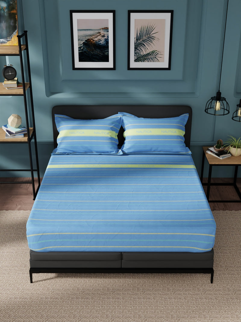 Super Soft 100% Cotton King Bedsheet And 2 Pillow Covers <small> (stripe-skyblue)</small>