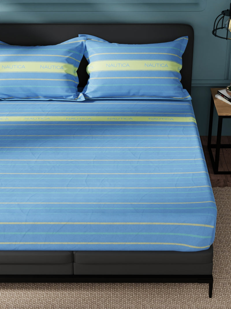 Super Soft 100% Cotton King Bedsheet And 2 Pillow Covers <small> (stripe-skyblue)</small>