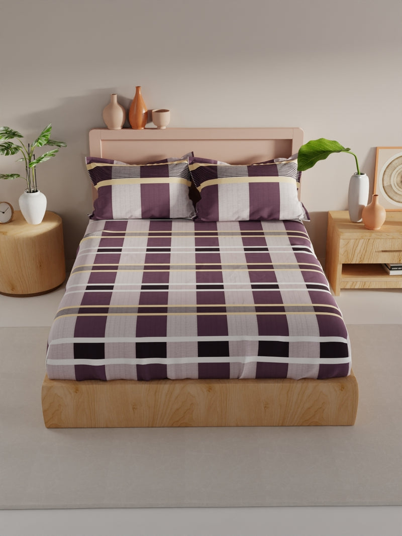 Bamboo Micro King Bedsheet With 2 Pillow Covers <small> (checks-plum/grey)</small>