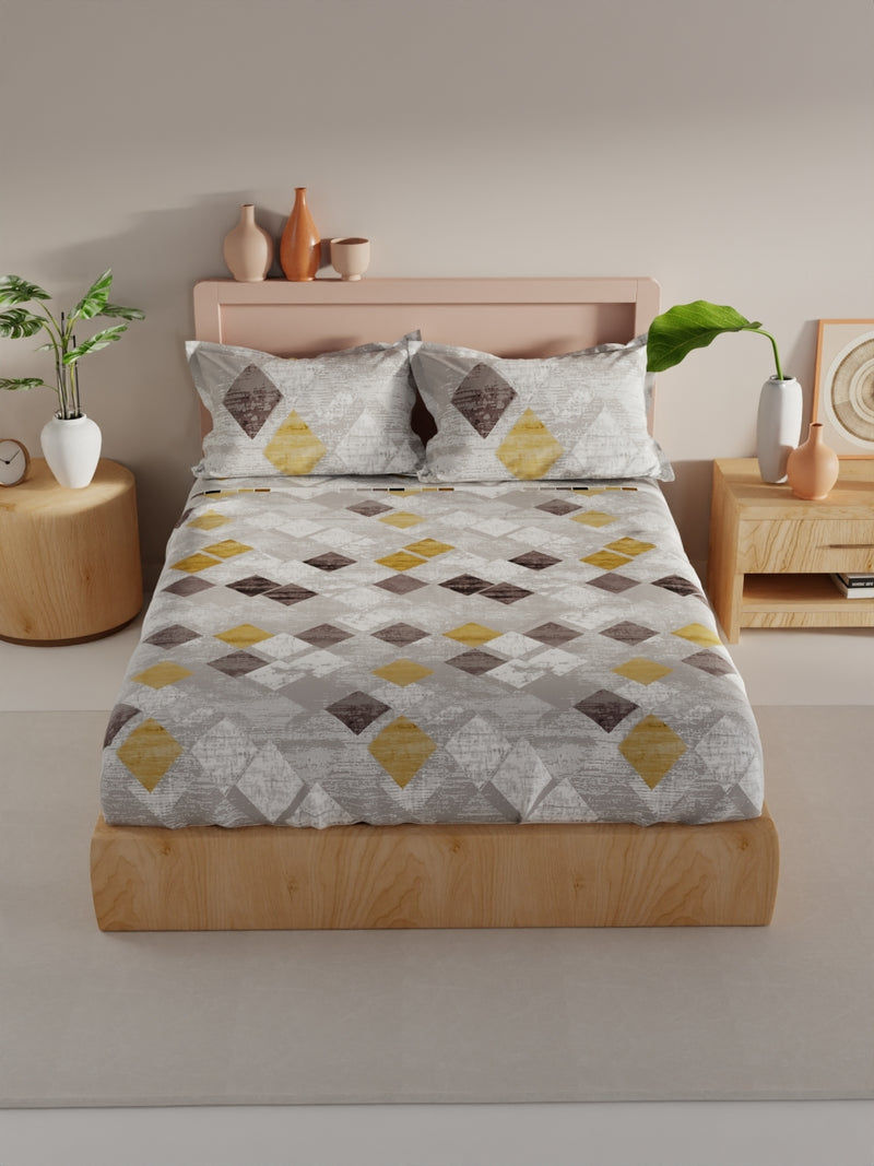 Bamboo Micro King Bedsheet With 2 Pillow Covers <small> (geometric-grey/gold)</small>