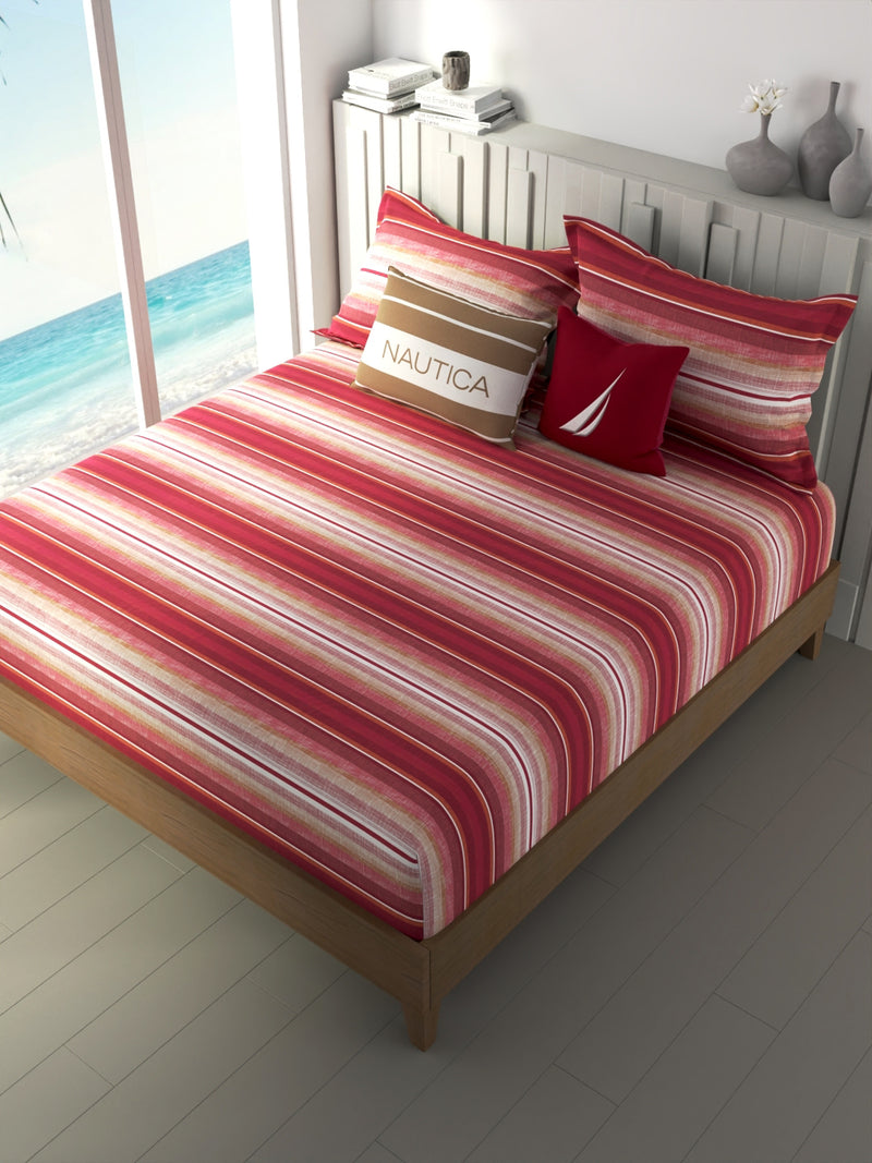 100% Premium Cotton Fitted King Bedsheet With Elastic Corners With 2 Pillow Covers <small> (stripe-orange/multi)</small>