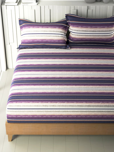 100% Premium Cotton King Bedsheet With 2 Pillow Covers <small> (stripe-purple/multi)</small>