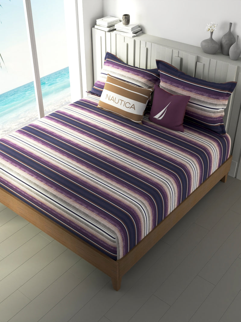 100% Premium Cotton Fitted King Bedsheet With Elastic Corners With 2 Pillow Covers <small> (stripe-purple/multi)</small>