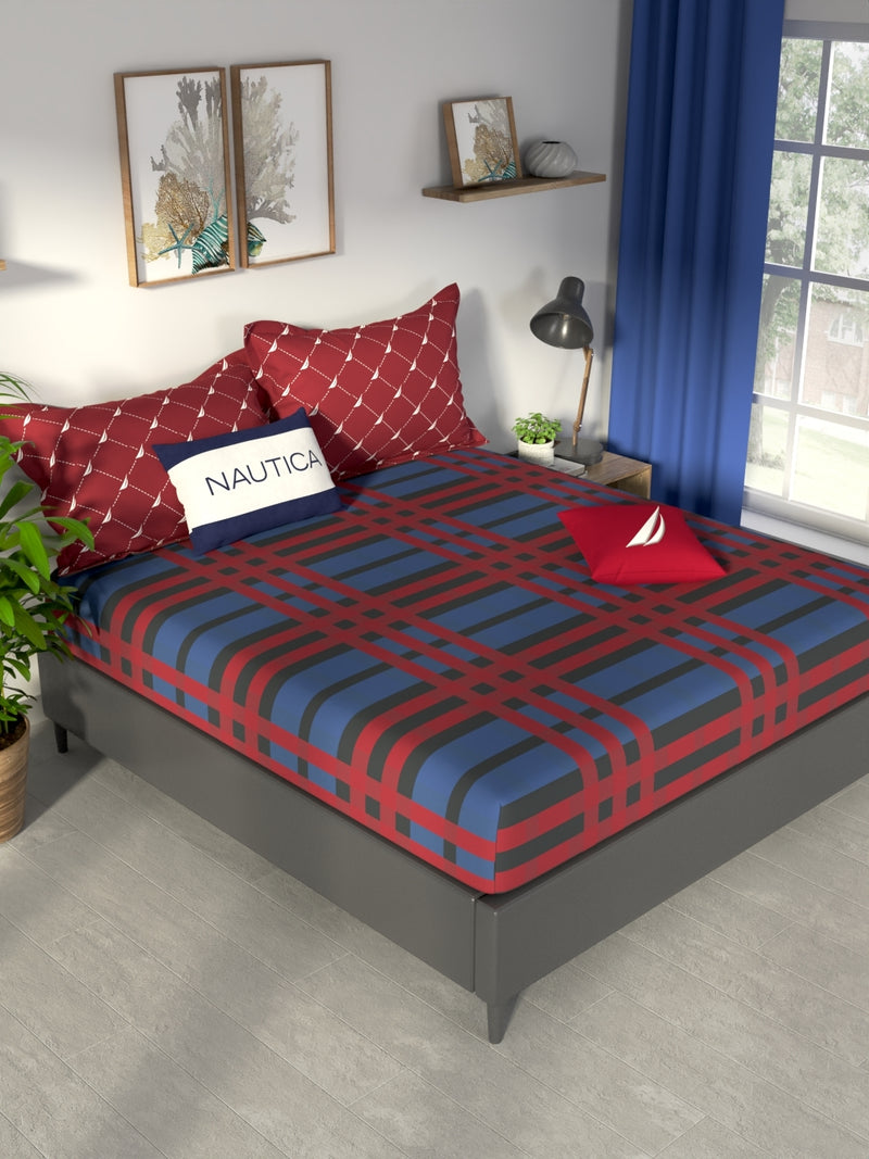 100% Premium Cotton King Bedsheet With 2 Pillow Covers <small> (checks-red/blue)</small>