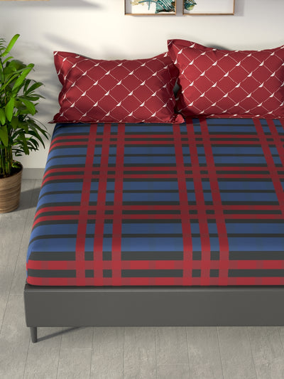 100% Premium Cotton King Bedsheet With 2 Pillow Covers <small> (checks-red/blue)</small>