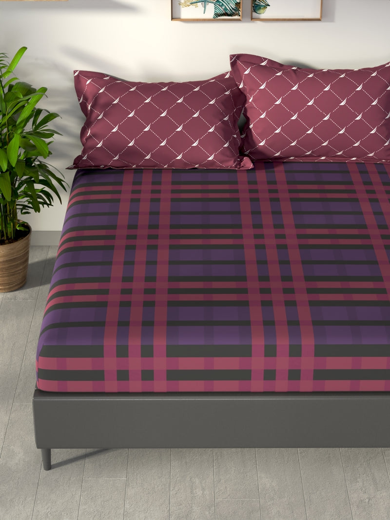 100% Premium Cotton King Bedsheet With 2 Pillow Covers <small> (checks-red/grape)</small>