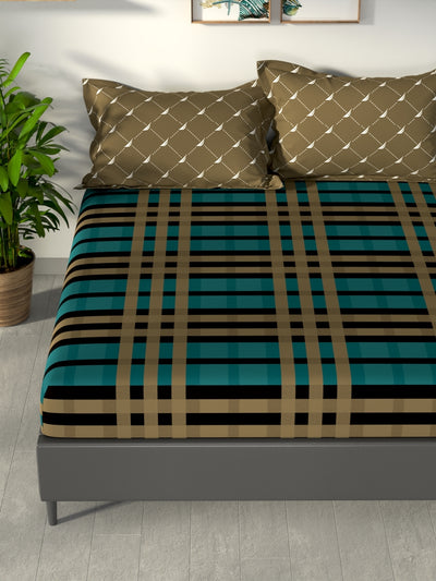 100% Premium Cotton King Bedsheet With 2 Pillow Covers <small> (checks-teal/tan)</small>