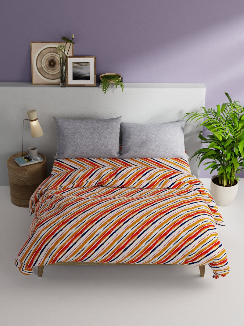 Soft 100% Cotton Double Comforter With 1 Double Bedsheet 2 Pillow Covers, For Ac Room <small> (stripe-orange/navy)</small>