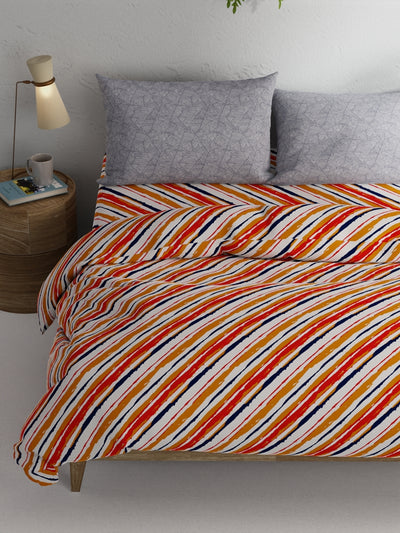 Soft 100% Cotton Double Comforter With 1 Double Bedsheet 2 Pillow Covers, For Ac Room <small> (stripe-orange/navy)</small>