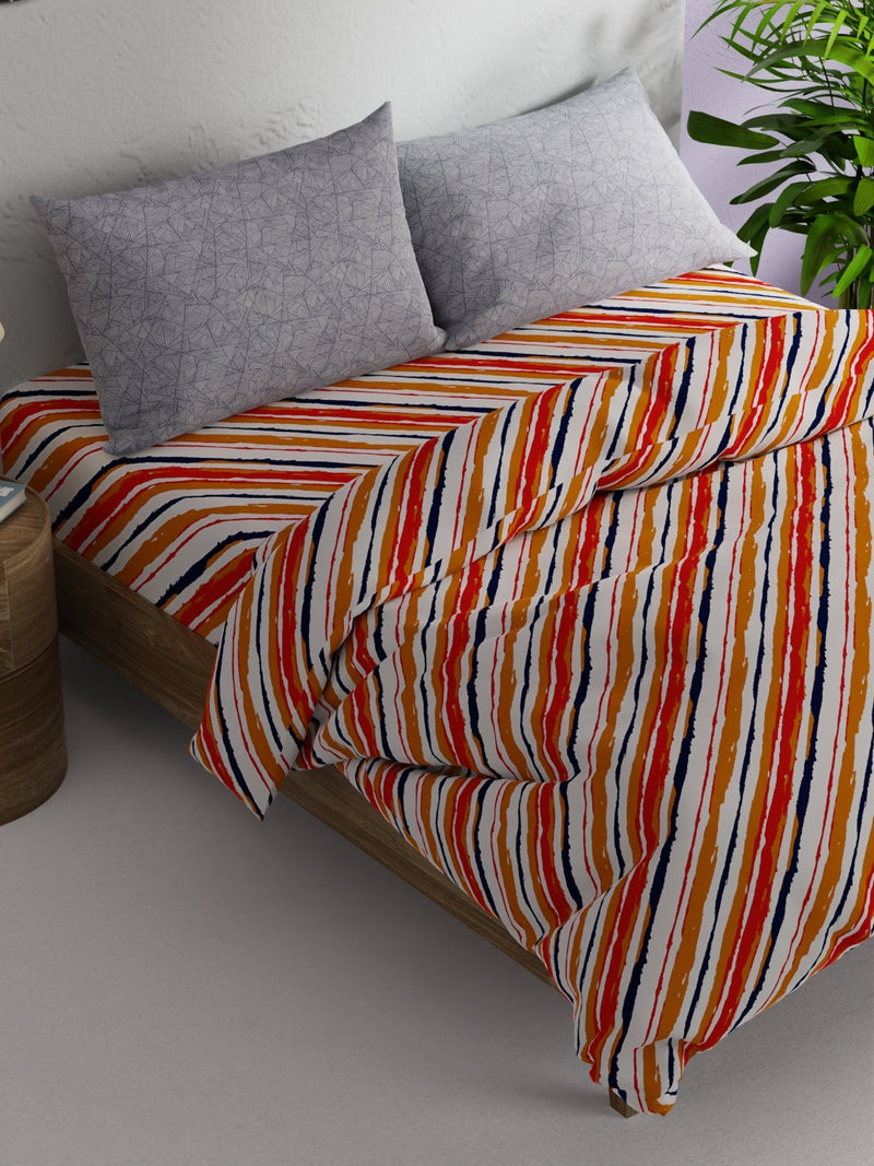 Soft 100% Cotton Double Comforter With 1 Double Bedsheet 2 Pillow Covers, For Ac Room <small> (stripe-orange/navy)</small>