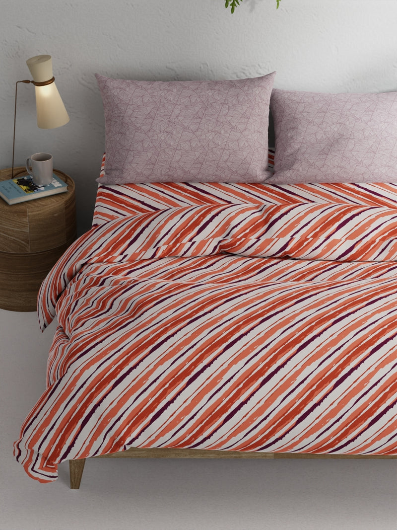 Soft 100% Cotton Double Comforter With 1 Double Bedsheet 2 Pillow Covers, For Ac Room <small> (stripe-coral/plum)</small>