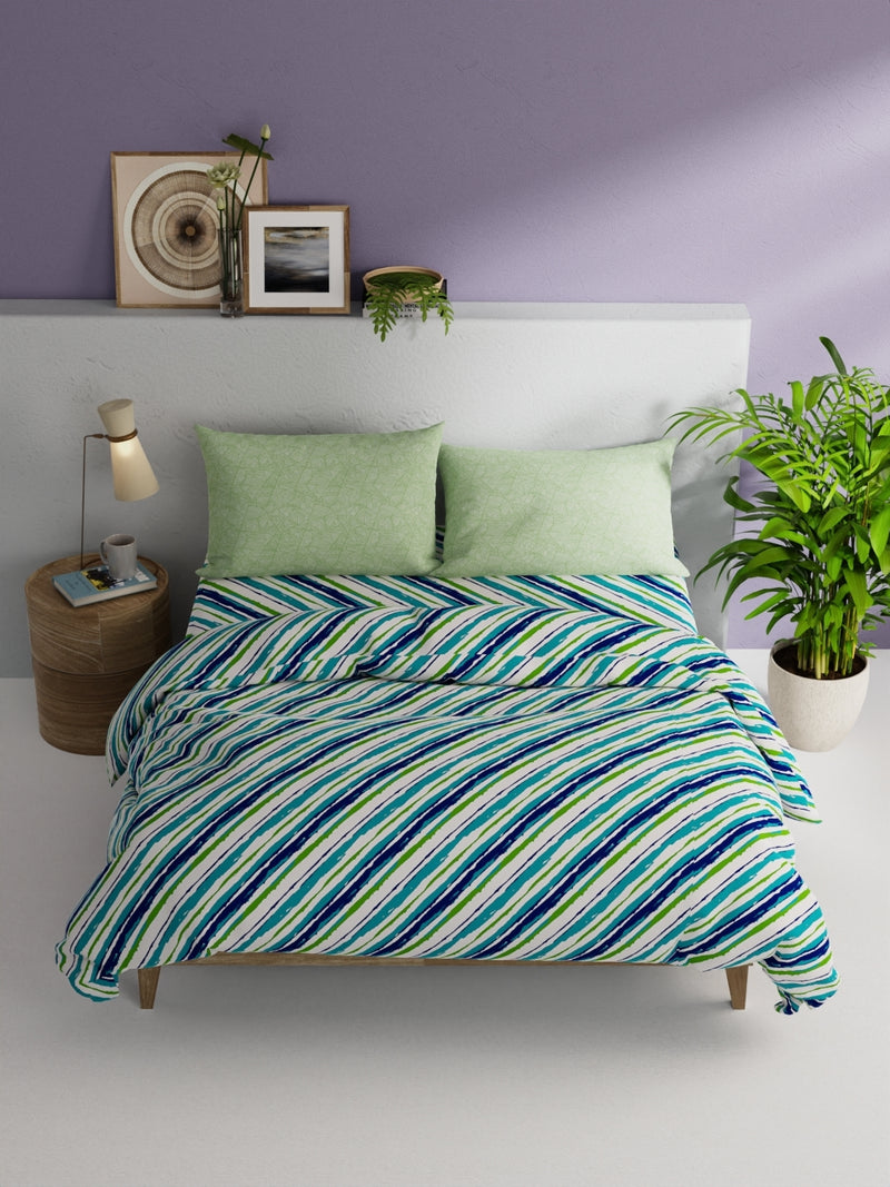 Soft 100% Cotton Double Comforter With 1 Double Bedsheet 2 Pillow Covers, For Ac Room <small> (stripe-teal/green)</small>