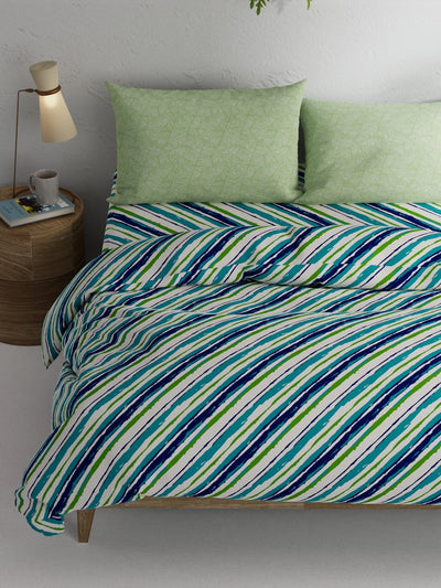 Soft 100% Cotton Double Comforter With 1 Double Bedsheet 2 Pillow Covers, For Ac Room <small> (stripe-teal/green)</small>