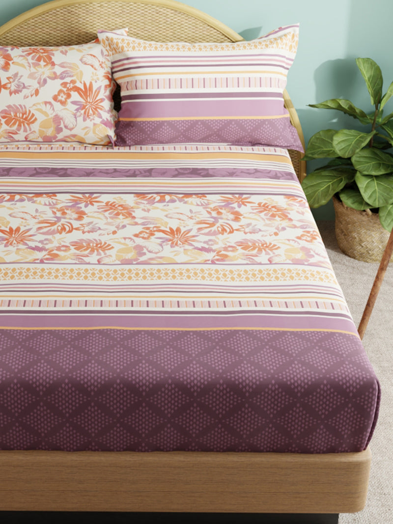 Super Soft 100% Cotton Xl King Size Bedsheet With 2 Pillow Covers <small> (floral-orange/plum)</small>