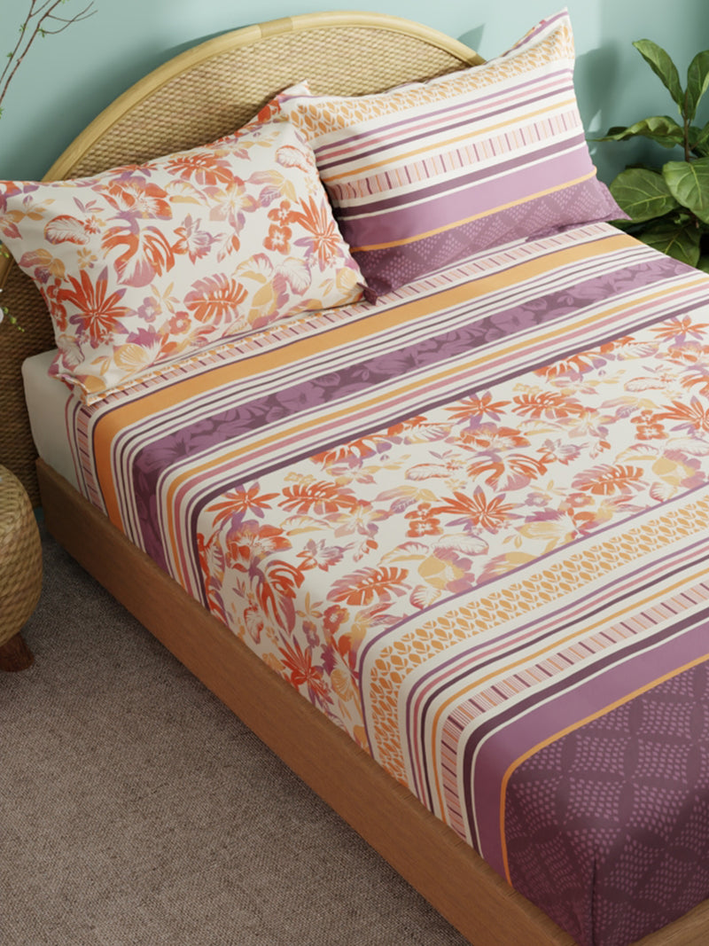 Super Soft 100% Cotton Xl King Size Bedsheet With 2 Pillow Covers <small> (floral-orange/plum)</small>