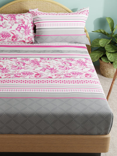 Super Soft 100% Cotton Xl King Size Bedsheet With 2 Pillow Covers <small> (floral-pink/grey)</small>