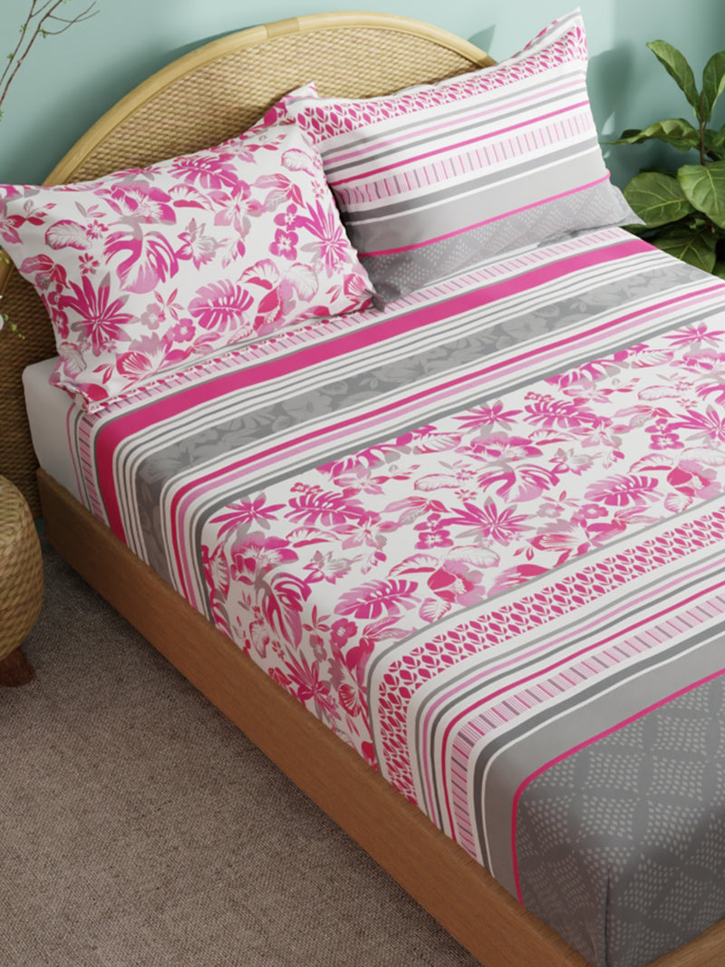 Super Soft 100% Cotton Xl King Size Bedsheet With 2 Pillow Covers <small> (floral-pink/grey)</small>