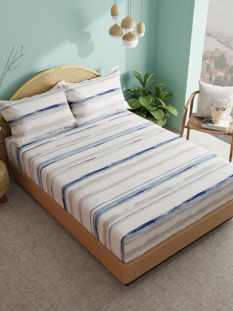 Super Soft 100% Cotton Xl King Size Bedsheet With 2 Pillow Covers <small> (stripe-grey/blue)</small>