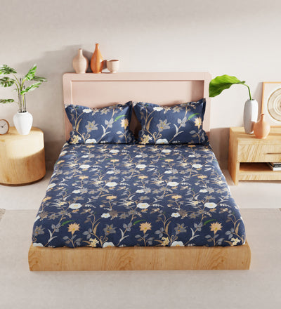 Bamboo Micro King Bedsheet With 2 Pillow Covers + 2 Pillows <small> (floral-cblt blue)</small>