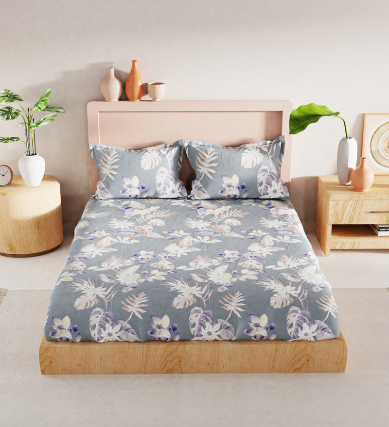 Bamboo Micro King Bedsheet With 2 Pillow Covers + 2 Pillows <small> (floral-grey)</small>