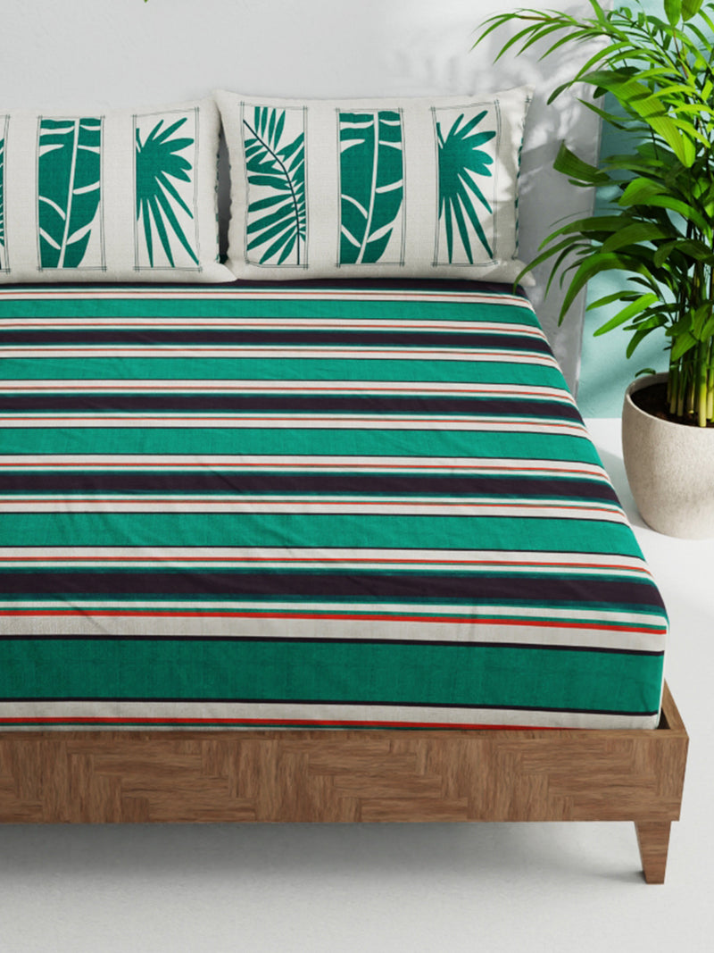 100% Pure Cotton Double Bedsheet With 2 Pillow Covers <small> (stripe-dk.green/beige)</small>