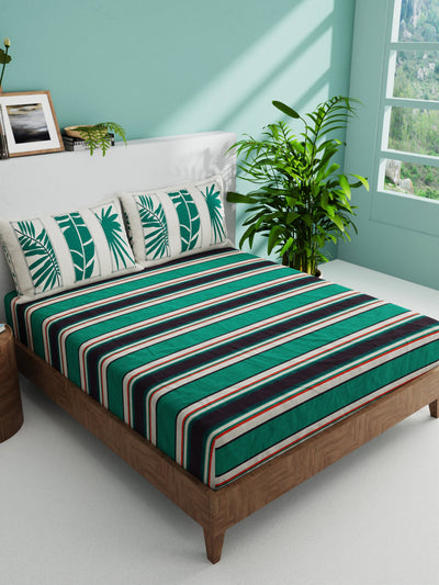 100% Pure Cotton Double Bedsheet With 2 Pillow Covers <small> (stripe-dk.green/beige)</small>