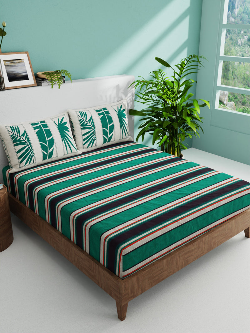 100% Pure Cotton Double Bedsheet With 2 Pillow Covers <small> (stripe-dk.green/beige)</small>