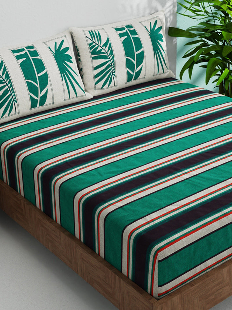 100% Pure Cotton Double Bedsheet With 2 Pillow Covers <small> (stripe-dk.green/beige)</small>