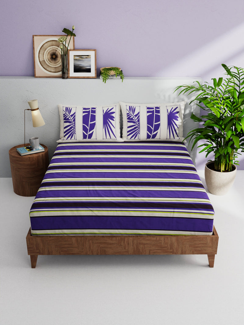 100% Pure Cotton Double Bedsheet With 2 Pillow Covers <small> (stripe-purple/beige)</small>