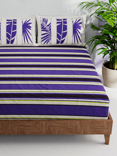 100% Pure Cotton Double Bedsheet With 2 Pillow Covers <small> (stripe-purple/beige)</small>