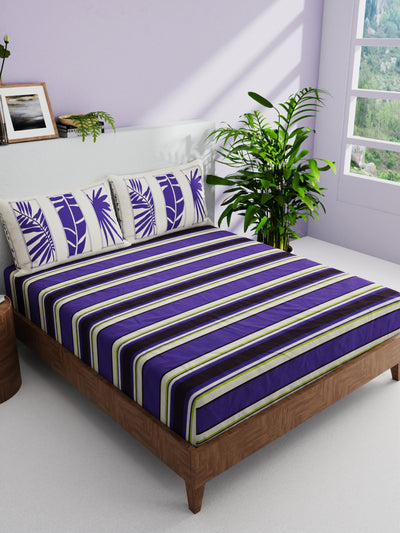 100% Pure Cotton Double Bedsheet With 2 Pillow Covers <small> (stripe-purple/beige)</small>