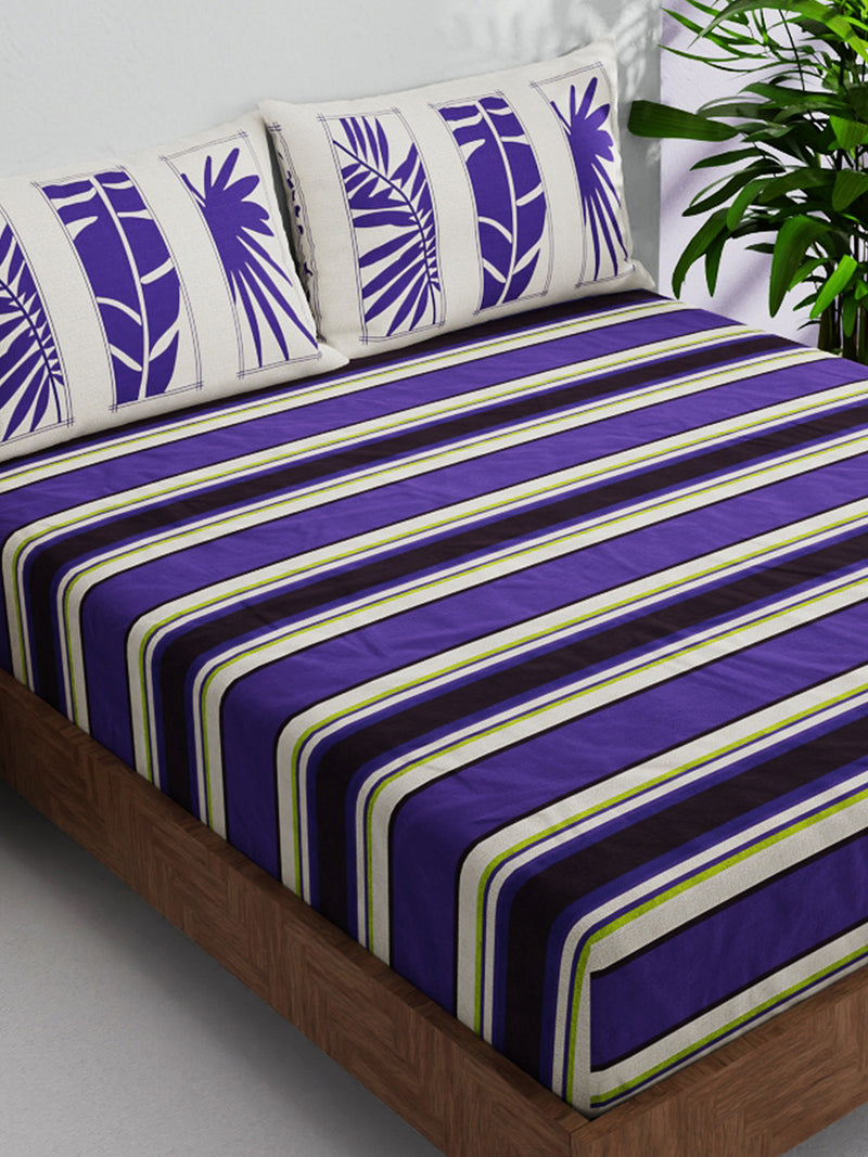 100% Pure Cotton Double Bedsheet With 2 Pillow Covers <small> (stripe-purple/beige)</small>