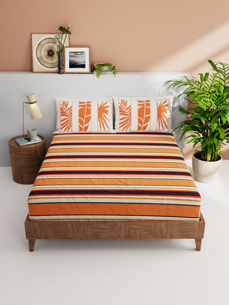 100% Pure Cotton Double Bedsheet With 2 Pillow Covers <small> (stripe-orange/beige)</small>