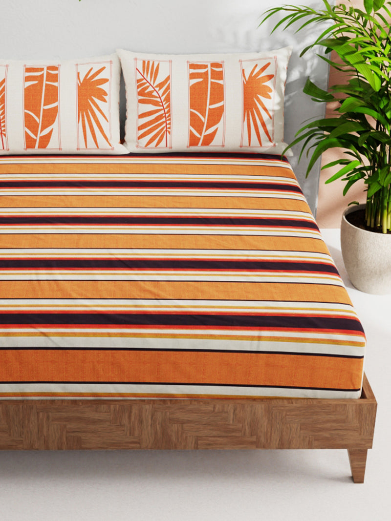 100% Pure Cotton Double Bedsheet With 2 Pillow Covers <small> (stripe-orange/beige)</small>