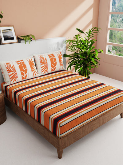 100% Pure Cotton Double Bedsheet With 2 Pillow Covers <small> (stripe-orange/beige)</small>