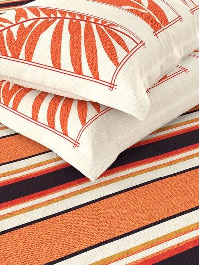 100% Pure Cotton Double Bedsheet With 2 Pillow Covers <small> (stripe-orange/beige)</small>