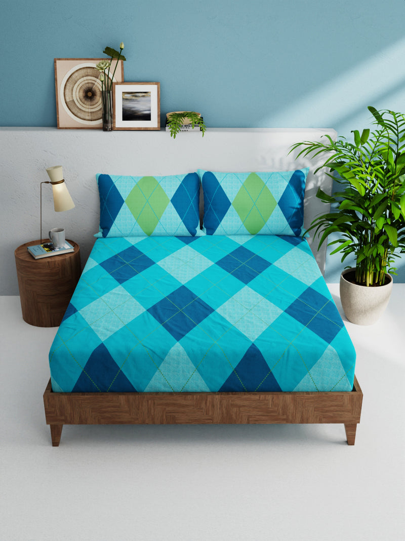 100% Pure Cotton Double Bedsheet With 2 Pillow Covers <small> (geometrical-blue/multi)</small>