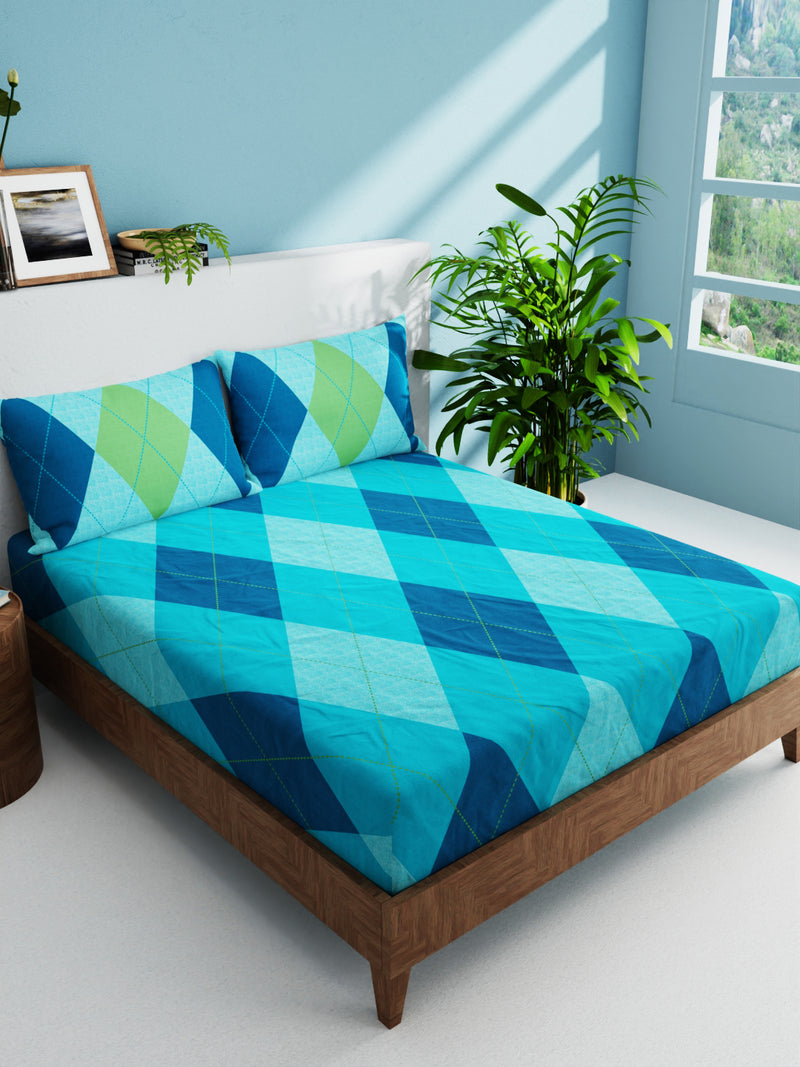 100% Pure Cotton Double Bedsheet With 2 Pillow Covers <small> (geometrical-blue/multi)</small>