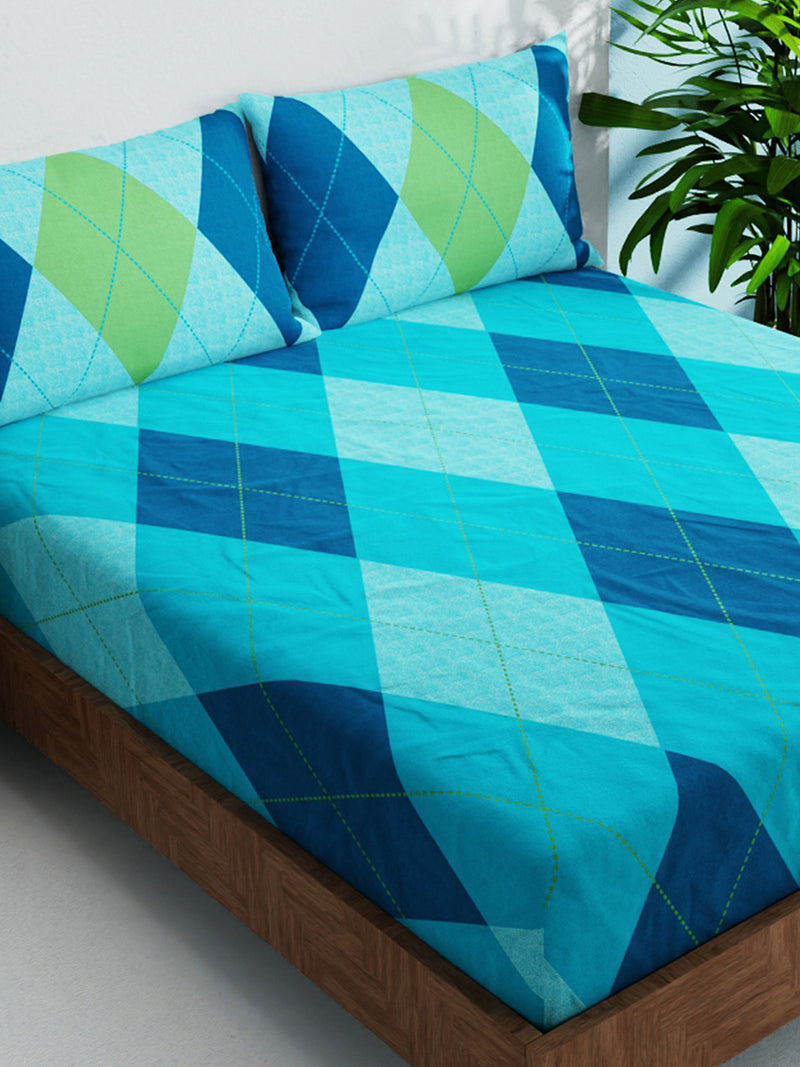 100% Pure Cotton Double Bedsheet With 2 Pillow Covers <small> (geometrical-blue/multi)</small>