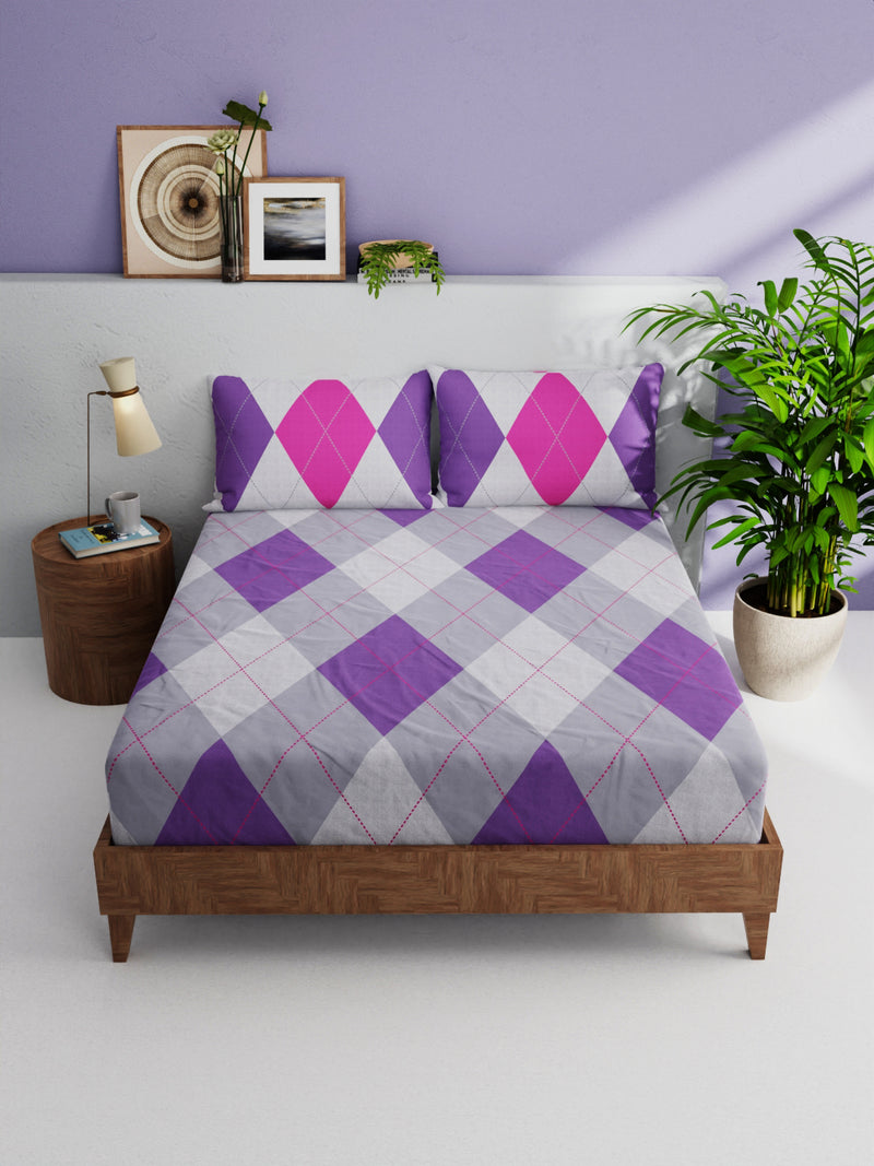 100% Pure Cotton Double Bedsheet With 2 Pillow Covers <small> (geometrical-purple/multi)</small>