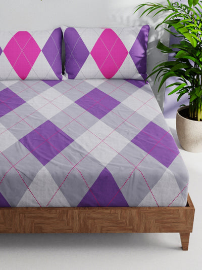 100% Pure Cotton Double Bedsheet With 2 Pillow Covers <small> (geometrical-purple/multi)</small>