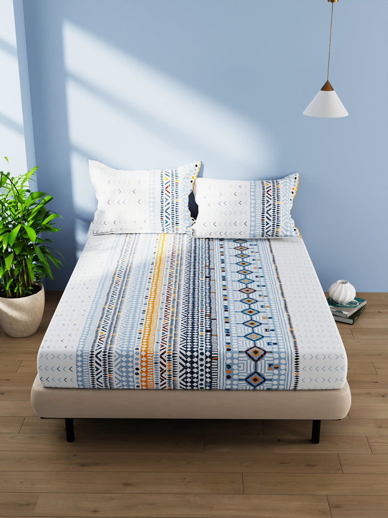 100% Pure Cotton Double Bedsheet With 2 Pillow Covers <small> (stripe-blue/grey)</small>